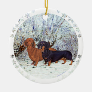 Dachshunds in de sneeuw keramisch ornament