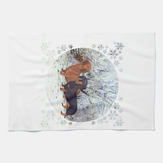 Dachshunds in de sneeuw theedoek (Horizontaal)