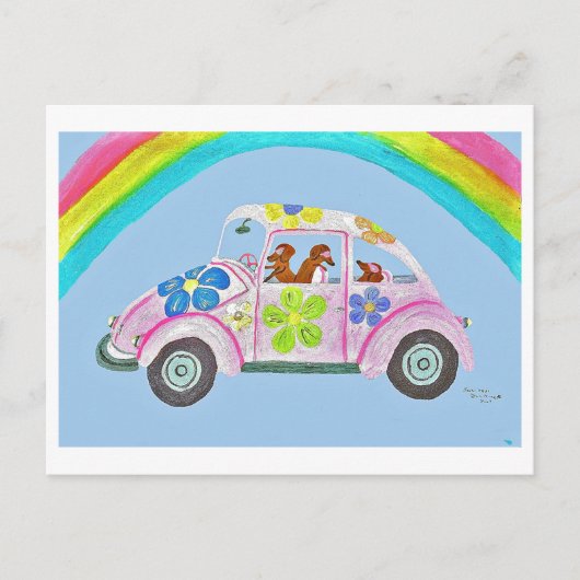 Dachshunds in een Hippie-auto Briefkaart (Voorkant)