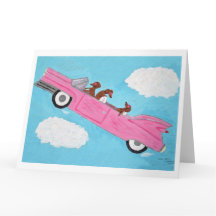 Dachshunds in een roze cabriolet in de lucht
