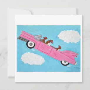 Dachshunds in een roze cabriolet in de lucht kaart