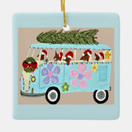 Dachshunds in hun Kerstmis Hippie Busje Keramisch Ornament