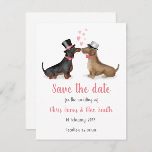Dachshunds in liefde, behalve de datumkaart (jonge save the date (Voorkant / Achterkant)