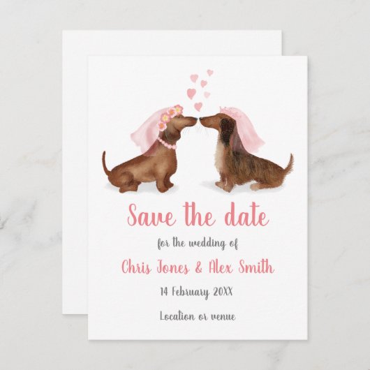 Dachshunds in liefde, behalve de datumkaart (meisj save the date (Voorkant / Achterkant)
