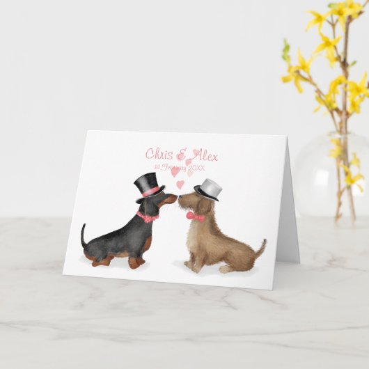 Dachshunds in love bruiloft card (boy/jongen) kaart (Gele Bloem)
