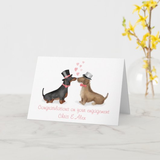 Dachshunds in love verloving card (boy/jongen) kaart (Gele Bloem)