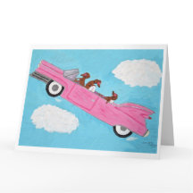 Dachshunds in Roze Cabriolet in de lucht