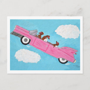 Dachshunds in roze cabriolet in de lucht uitnodiging briefkaart