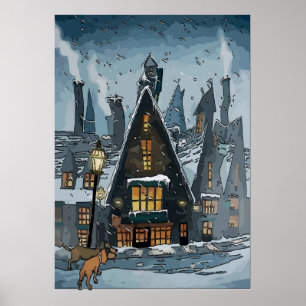 Dachshunds in Winter Village Poster
