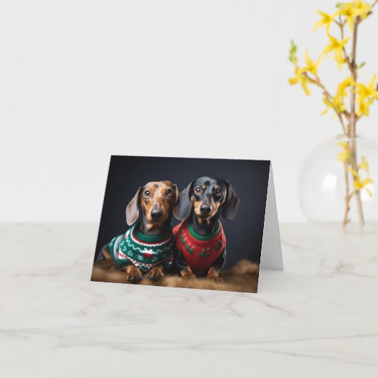 Dachshunds Kerst Kaart (Gele Bloem)