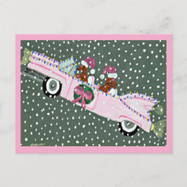 Dachshunds met Kerstmis in een roze cabriolet Briefkaart