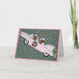 Dachshunds met Kerstmis in een roze cabriolet Kaart