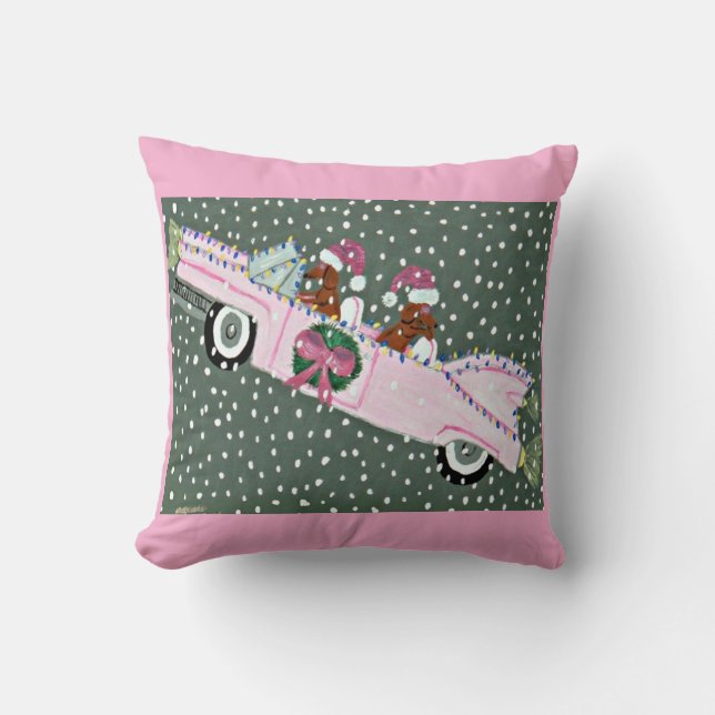 Dachshunds met Kerstmis in een roze cabriolet Kussen (Voorkant)