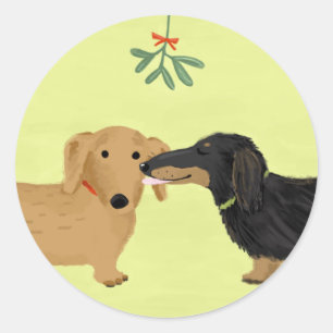 Dachshunds Mistletoe Kus   Kerstmis Wiener Honden Ronde Sticker