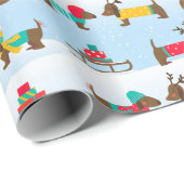 Dachshunds Reindeer Sledge Snow-kerstpatroon Cadeaupapier (Rol Hoek)