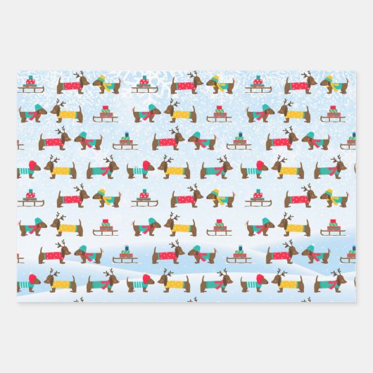 Dachshunds Reindeer Sledge Snow-kerstpatroon Inpakpapier Vel (Voorkant 2)