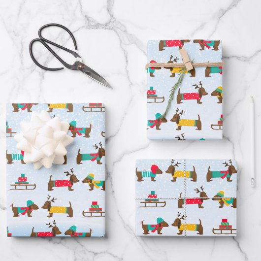 Dachshunds Reindeer Sledge Snow-kerstpatroon Inpakpapier Vel (Voorkant)