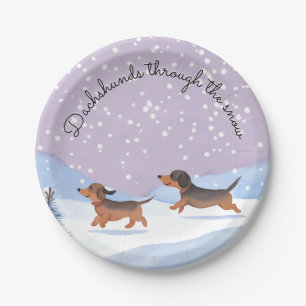 Dachshunds Sneeuw Doxie Kerstworst Honden Feestje Papieren Bordje