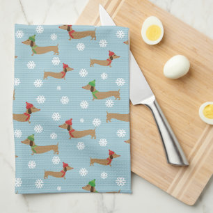 Dachshunds & Sneeuwvlokken op Blauw Theedoek