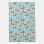 Dachshunds & Sneeuwvlokken op Blauw Theedoek (Verticaal)