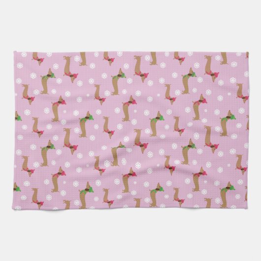 Dachshunds & Sneeuwvlokken op Roze Theedoek (Horizontaal)