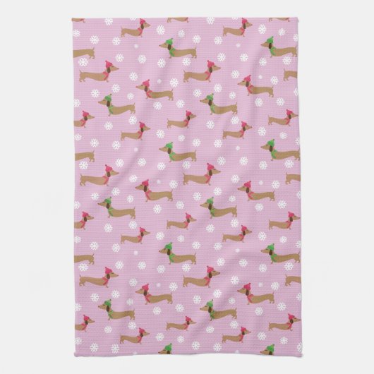 Dachshunds & Sneeuwvlokken op Roze Theedoek (Verticaal)