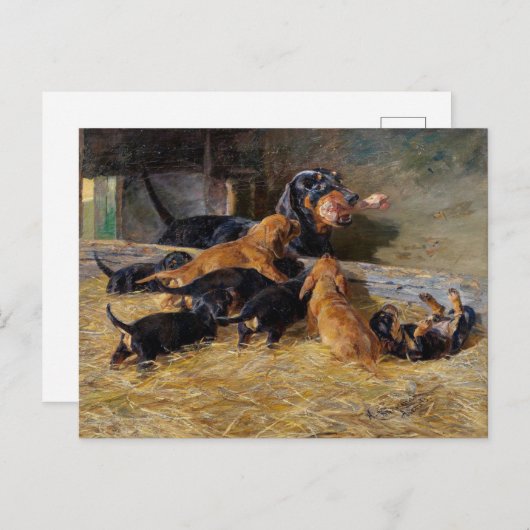Dachshunds with Puppy in Stable Hermine Bieder ied Briefkaart (Voorkant / Achterkant)