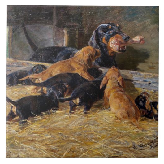 Dachshunds with Puppy in Stable Hermine Bieder ied Tegeltje (Voorkant)