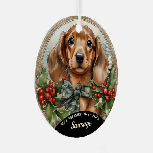 Dachsund Puppy's eerste kerst metal Ornament (Voorkant Rechts)