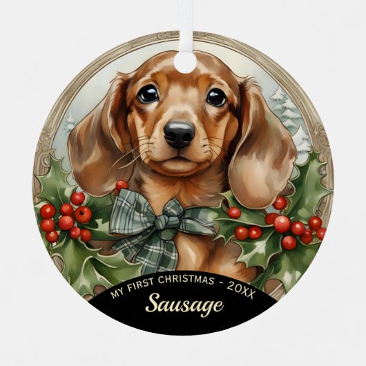 Dachsund Puppy's eerste kerst metal Ornament (Voorkant)