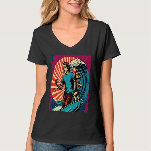 Dad And Daughter Surfing Retro Pop Surfer Dad 3 T-shirt (Voorkant)