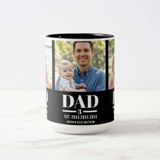Dad Est. Year Name Number 3 Photo Bold Font Tweekleurige Koffiemok (Center)