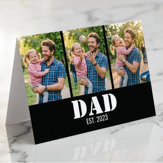 Dad Established 3-Photo Bold White & Black Modern Kaart