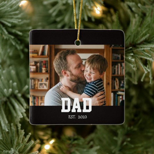 Dad Established Photo Father's Day Gift Black Keramisch Ornament (Boom)