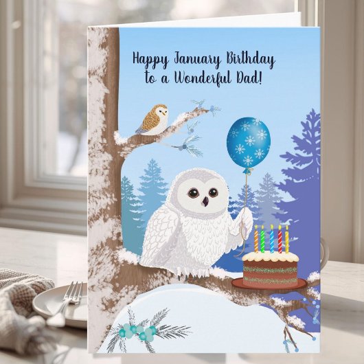 Dad Happy January Birthday Snowy Owl Kaart