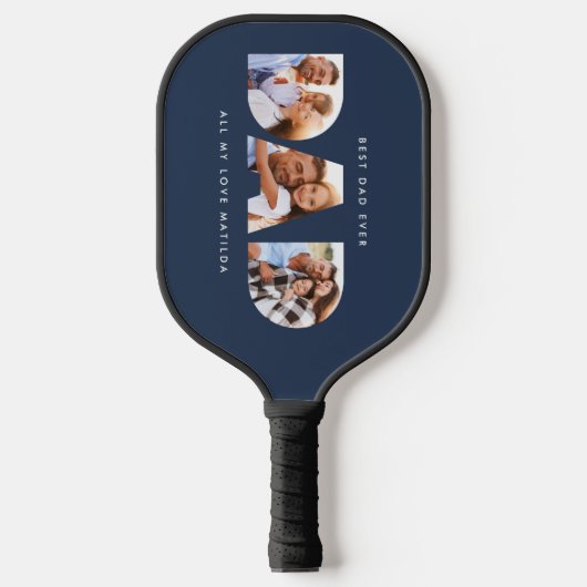 dad multi foto moderne typografie blauw pickleball paddle (Voorkant)