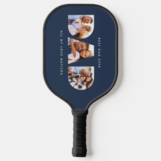 dad multi foto moderne typografie blauw pickleball paddle (Achterkant)