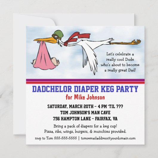 Dadchelor Diaper Keg New Dad Cute Stork Invitation Kaart (Voorkant)