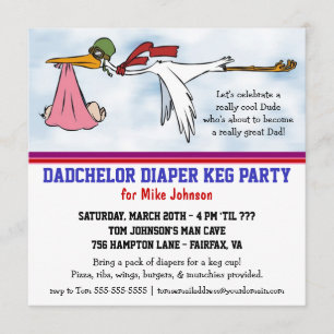 Dadchelor Diaper Keg New Dad Cute Stork Invitation Kaart