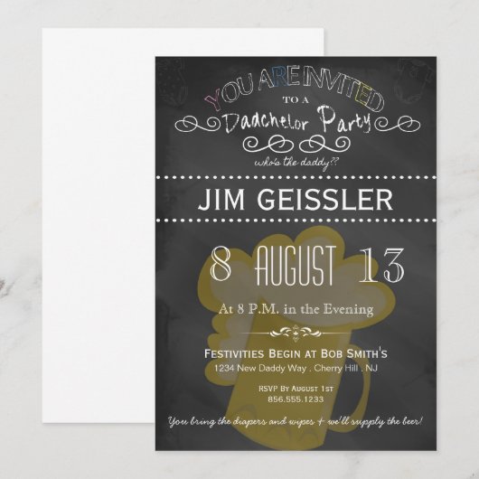 Dadchelor Party Invite in Chalkboard Typografie Kaart (Voorkant / Achterkant)