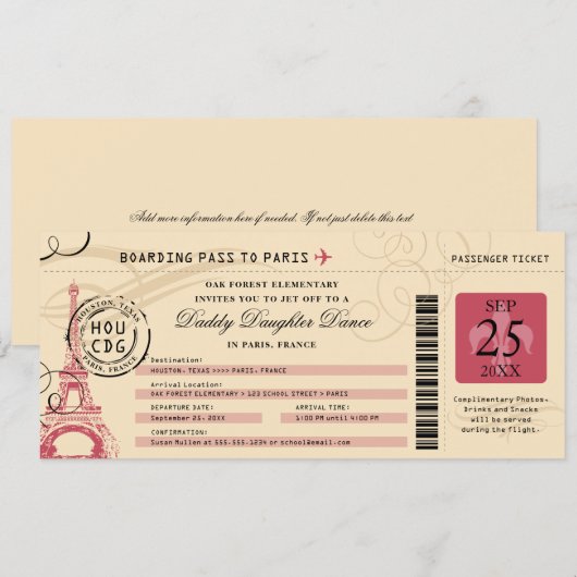 Daddy Daughter Dance Paris France Boarding Pass Kaart (Voorkant / Achterkant)