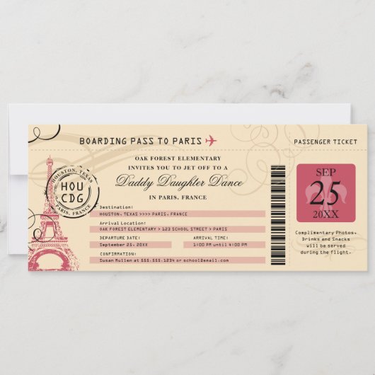 Daddy Daughter Dance Paris France Boarding Pass Kaart (Voorkant)