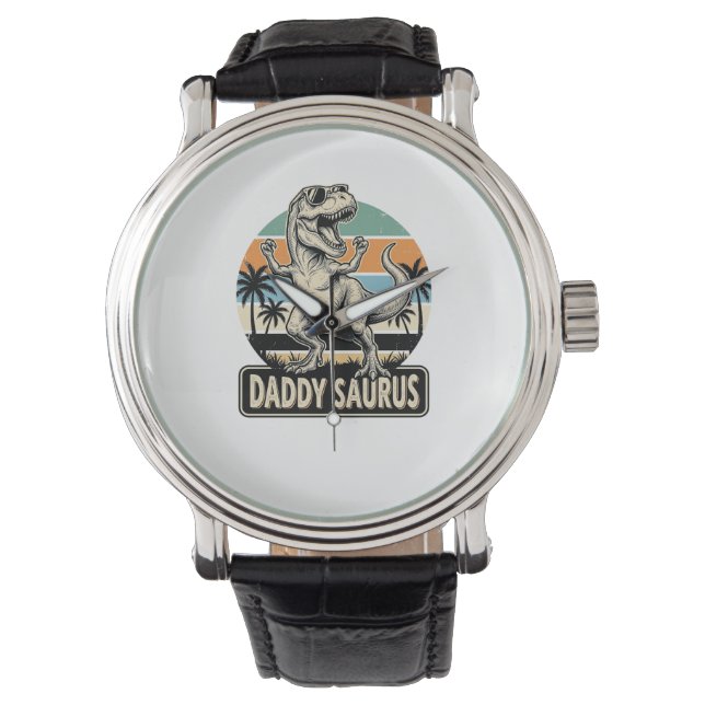 Daddy Saurus Retro Dinosaur Zonsondergang Shirt On Horloge (Voorkant)