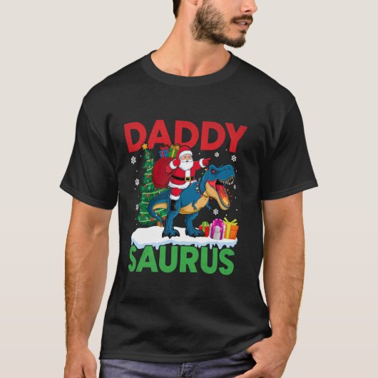 Daddy Saurus T Rex Christmas Santa Lights Tree Din T-shirt (Voorkant)
