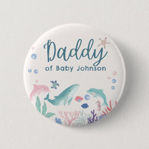 Daddy Waterverf Ocean Baby shower Ronde Button 5,7 Cm