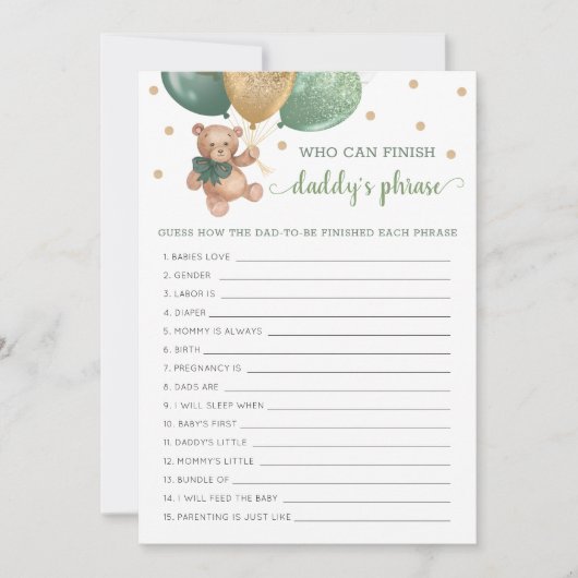 Daddy's Phrase Game Baby shower Teddy Bear Kaart (Voorkant)