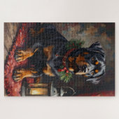 Dadige Rottweiler-hond Kerstlantaarn Legpuzzel (Horizontaal)