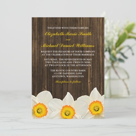 Daffodil Barn Wood Wedding Kaart (Staand voorkant)