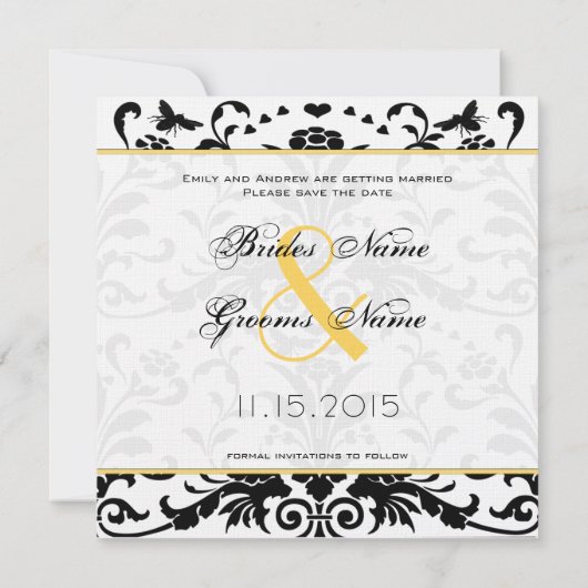 Daffodil Black Bubble Bee Damask Save the Date Kaart (Achterkant)