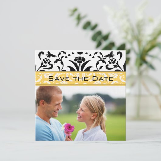 Daffodil Black Bubble Bee Damask Save the Date Kaart (Staand voorkant)